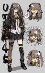  1girl :d bangs black_footwear black_gloves black_jacket black_skirt boots brown_hair brown_legwear burger character_name closed_mouth food full_body girls&#039;_frontline gloves grey_background hair_between_eyes hair_ornament highres holding holding_food jacket knee_pads long_hair long_sleeves looking_at_viewer mecroty mod3_(girls&#039;_frontline) open_mouth polo_shirt saliva scar scar_across_eye shirt side_ponytail simple_background single_glove single_knee_pad single_thighhigh skirt smile solo thighhighs third-party_source ump45_(girls&#039;_frontline) white_shirt yellow_eyes 