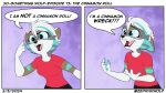2_panel_comic anthro brown_body brown_fur canid canine canis cheek_tuft clothing dialogue ears_back english_text facial_tuft fangs female fur green_body green_fur green_highlights green_pawpads grey_body grey_fur hair hi_res highlights_(coloring) humor lips mammal open_mouth pawpads paws pivoted_ears purple_background shirt simple_background solo speech_bubble t-shirt teeth text thick_bottom_lip topwear tuft white_body white_fur white_hair wide_eyed wolf zephyri_q_wolf zephyriwolf