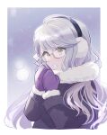  1girl black_coat blush breath coat commentary_request earmuffs fur-trimmed_mittens fur_scarf fur_trim glasses grey_hair highres kohaku_yuri kuzuhana long_hair looking_at_viewer medium_bangs mittens nanashi_inc. open_mouth purple_mittens rimless_eyewear solo upper_body virtual_youtuber yellow_eyes 