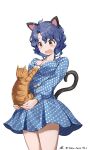  1girl animal animal_ears antenna_hair blue_dress blue_hair blush breasts brown_cat brown_eyes cat cat_ears cat_tail cleavage commentary cowboy_shot dress fake_animal_ears highres holding holding_animal holding_cat idolmaster idolmaster_million_live! large_breasts long_sleeves looking_at_another open_mouth polka_dot polka_dot_dress short_hair sidelocks signature tail taka.yana thighs toyokawa_fuka twitter_username wavy_hair white_background 