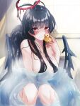  1girl antenna_hair bathing bathtub black_hair black_wings blue_archive blush breasts closed_mouth completely_nude hair_censor hair_over_breasts halo highres komena_(shinyday312) large_breasts long_hair looking_at_viewer melting_halo nude red_eyes red_halo rubber_duck solo tsurugi_(blue_archive) water wings 