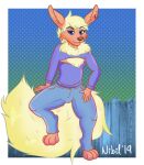 2019 abstract_background anthro big_tail blonde_hair blue_eyes border bottomwear brown_nose bulge chest_tuft clothed clothing crossgender ear_piercing ear_ring eeveelution fence flareon fluffy fluffy_tail fully_clothed fur generation_1_pokemon girly hair hi_res huge_tail keyhole_clothing koriand_wildfire long_ears long_sleeves male nibil_cherry nintendo orange_body orange_fur pants paws piercing pokemon pokemon_(species) ring_piercing short_hair signature sitting solo tail thick_thighs tuft white_border