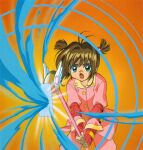  1girl absurdres brown_hair card cardcaptor_sakura child fingerless_gloves gloves green_eyes highres holding holding_wand kinomoto_sakura magical_girl official_art open_mouth orange_background pajamas pink_pajamas short_hair simple_background wand 