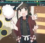  1girl black_skirt blush brown_hair cotton_candy eyebrows_visible_through_hair fubuki_(kancolle) gameplay_mechanics green_eyes green_shirt happi headband highres japanese_clothes kantai_collection low_ponytail ma_rukan open_mouth shirt short_hair sidelocks skirt solo sweatdrop t-shirt 