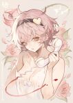  1girl absurdres black_hairband breasts camisole flower hairband heart_hairband highres holding holding_phone joker_(stjoker) komeiji_satori looking_at_viewer phone pink_flower pink_hair pink_rose rose solo strap_slip touhou white_camisole 