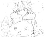  2girls blush breasts bucket carrot chinese_knot coat eyepatch flower-shaped_pupils hair_rings kagan large_breasts leaning_on_object long_hair looking_at_viewer mirai_(senran_kagura) mittens multiple_girls scarf senran_kagura sketch smile snowman symbol-shaped_pupils toki_(senran_kagura) yaegashi_nan 