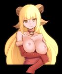  1girl animal_ears bell black_background blonde_hair breasts breasts_outside choker closed_mouth dress elbow_gloves gloves goat_ears highres horns jingle_bell large_breasts long_hair looking_at_viewer neck_bell nipples niseoto original red_choker red_dress red_gloves simple_background smile solo upper_body yellow_eyes 