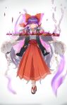  1girl aura bow commentary_request floating full_body fusion glowing glowing_eye gohei hair_bow hair_tubes hakama hakama_skirt hakurei_reimu hakurei_reimu_(pc-98) highres japanese_clothes katana long_hair long_sleeves looking_at_viewer meira_(touhou) miko priestess purple_eyes purple_hair red_bow red_hakama ribbon-trimmed_sleeves ribbon_trim sandals scabbard sefushi serious sheath short_hair simple_background skirt solo sword touhou touhou_(pc-98) unsheathing weapon white_background white_footwear white_sleeves wide_sleeves yin_yang yin_yang_print 