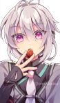  1boy antenna_hair artist_name commentary_request eating eiyuu_densetsu food grey_hair grey_jacket holding holding_food jacket kuro_no_kiseki male_focus necktie oigetsudou_(byakuya_yuu) open_mouth pink_eyes quatre_salision short_hair simple_background solo twitter_username watermark white_background white_necktie 