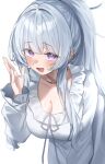  1girl blue_archive blush breasts cleavage collarbone halo highres large_breasts long_hair looking_at_viewer noa_(blue_archive) open_mouth purple_eyes shirt sidelocks smile solo usa_b very_long_hair white_hair white_shirt 