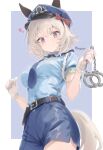  1girl alternate_costume alternate_hairstyle animal_ears belt belt_buckle blue_necktie blue_shirt blue_skirt braid braided_ponytail breasts buckle closed_mouth collared_shirt cowboy_shot cuffs curren_chan_(umamusume) ears_through_headwear gloves grey_hair hairband handcuffs hat heart highres holding holding_handcuffs horse_ears horse_girl horse_tail kannagiray long_hair looking_at_viewer medium_breasts necktie police police_hat police_uniform purple_eyes shirt shirt_tucked_in short_hair short_sleeves skirt smile solo tail twitter_username umamusume uniform white_gloves 