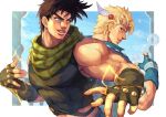  2boys artist_name battle_tendency biceps blonde_hair blue_eyes blue_gloves blue_jacket border brown_hair bubble caesar_anthonio_zeppeli closed_mouth commentary_request cropped_shirt electricity facial_mark feather_hair_ornament feathers fingerless_gloves foreshortening gloves green_eyes green_scarf green_shirt hair_ornament hamon headband highres jacket jojo_no_kimyou_na_bouken joseph_joestar joseph_joestar_(young) looking_to_the_side male_focus multiple_boys muscular muscular_male outside_border parted_lips profile scarf shikabane_(draw_tadao14) shirt short_hair sideways_glance sleeveless sleeveless_shirt smile striped_clothes striped_scarf teeth triangle_print turning_head upper_body v-shaped_eyebrows vertical-striped_clothes vertical-striped_scarf white_border 