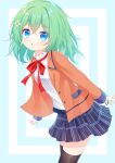  1girl :o black_thighhighs blue_background blue_eyes chinese_commentary commission green_hair hair_between_eyes highres jacket neck_ribbon orange_jacket original plaid plaid_skirt ribbon school_uniform skirt thighhighs two-tone_background white_background yottacc 