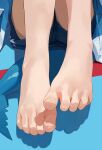  1girl barefoot blue_background blue_shorts blue_tail close-up commentary feet feet_only fins fish_tail foot_focus gawr_gura highres hololive knees_up legs_together shadow short_shorts shorts sitting solo tail toenails toes ushiwaka virtual_youtuber 