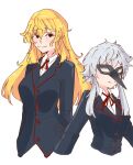  2girls absurdres blonde_hair breasts brown_eyes colored_eyelashes commentary corbeau_(tart_magica) english_commentary formal grey_hair height_difference highres isabeau_de_baviere jitome large_breasts lizzie-juwunky long_hair magia_record:_mahou_shoujo_madoka_magica_gaiden mahou_shoujo_madoka_magica mahou_shoujo_tart_magica mature_female medium_breasts messy_hair mother_and_daughter multiple_girls official_alternate_costume plague_doctor_mask sidelocks signature simple_background smile suit upper_body white_background 