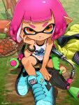  1girl absurdres aqua_footwear black_shorts blue_footwear bracelet grass hand_on_own_chin highres inkling jacket jacket_removed jewelry lifebuoy looking_at_viewer on_ground orange_eyes otoboke-san pink_hair pointy_ears shirt shoes short_hair short_shorts shorts sitting solo splatoon_(series) splatoon_2 tank_top upper_body water_gun white_shirt white_tank_top yellow_jacket 