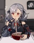  1girl bangs bare_shoulders black_gloves black_jacket bowl chopsticks commentary_request eating food food_in_mouth girls&#039;_frontline gloves grey_hair hair_between_eyes holding holding_bowl holding_chopsticks indoors jacket korean_commentary long_hair long_sleeves looking_at_viewer mecroty noodles red_eyes restaurant single_glove solo spas-12_(girls&#039;_frontline) table third-party_source twintails 