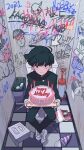  1boy arrow_(symbol) bathroom birthday_cake black_eyes black_hair black_jacket black_pants blush book cake closed_mouth food gakuran graffiti happy_birthday hat highres holding indoors jacket kageyama_shigeo long_sleeves looking_at_viewer male_focus mob_psycho_100 pants party_hat school_uniform shoes sitting sneakers solo toilet toilet_paper toilet_stall white_footwear zikko_100 