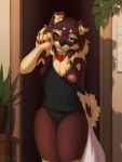 anthro areola black_clothing black_nose brown_body brown_fur canid canine canis clothing collar detailed_background domestic_dog female floppy_ears fur hi_res il&#039;ka inside looking_at_viewer mammal morning multicolored_body nipples one_eye_closed panties pillow plant shirt solo t-shirt tail tan_body tan_fur topwear underwear woken_up yellow_eyes