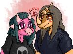 &lt;3 2024 2_horns ankylosaurian ankylosaurid ankylosaurus anthro babs_(snoot_game) blush brown_body brown_eyes brown_hair brown_scales digital_drawing_(artwork) digital_media_(artwork) dinosaur duo english_text eyelashes faustanon female hair horn long_hair male multicolored_body multicolored_scales nathan_(snoot_game) ornithischian pink_body pink_eyes pink_scales reptile scales scalie simple_background smile snoot_game snout spikes spikes_(anatomy) teal_hair text thyreophoran two_tone_body two_tone_scales yellow_body yellow_scales