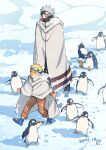  2boys bird blonde_hair breath capelet child commentary facial_mark forehead_protector hatake_kakashi i_(kaiyou) male_focus mask mouth_mask multiple_boys naruto naruto_(series) ninja orange_pants outstretched_arms pants penguin simple_background snow symbol-only_commentary uzumaki_naruto whisker_markings white_hair 