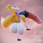 2024 animal_genitalia animal_penis anthro balls bandai_namco big_balls big_breasts big_butt big_penis black_sclera blue_eyes breasts butt canid digimon digimon_(species) digital_media_(artwork) equine_genitalia equine_penis fluffy fluffy_tail fur genitals gynomorph hi_res huge_balls huge_penis humanoid_genitalia hyper hyper_balls hyper_genitalia hyper_penis intersex looking_at_viewer mammal penis pinup pose rear_view renamon sintronic solo tail yellow_body yellow_fur