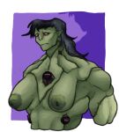 alien ben_10 big_breasts black_hair breasts broad_shoulders cartoon_network electrode female green_body green_skin hair huge_breasts humanoid_pointy_ears inverted_nipples md34 muscular nipples seam_(sewing) silhouette solo stitch_(sewing) transylian