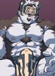  1boy abs ainu_clothes animal_ears bara beckoning bulge chest_hair come_hither cum cum_in_clothes erection erection_under_clothes feet_out_of_frame furry furry_male grey_fur grey_hair headband highres horkeu_kamui kirupi large_pectorals male_focus muscular muscular_male nipples outstretched_hand pectorals pelvic_curtain precum presenting reaching_out seductive_smile short_hair silver_hair smile solo spread_legs stomach tail thick_thighs thighs tokyo_afterschool_summoners topless_male two-tone_fur white_fur wolf_boy wolf_ears wolf_tail yellow_eyes 