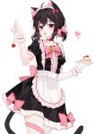  1girl absurdres ahoge animal_ears apron black_dress black_hair bow bowtie cake cat_ears cat_girl colored_inner_animal_ears commission dress english_commentary fang food fork frilled_apron frills fruit hair_between_eyes hair_bow heart highres holding holding_fork holding_plate looking_at_viewer maid maid_apron maid_headdress medium_hair multiple_hairpins open_mouth original pink_bow pixiv_commission plate red_bow red_eyes short_sleeves simple_background skin_fang solo strawberry strawberry_shortcake waist_apron white_apron white_background xiao_lin_jiu 