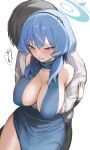  1boy 1girl ako_(blue_archive) ako_(dress)_(blue_archive) black_hairband blue_archive blue_dress blue_eyes blue_hair blush breasts cleavage collarbone dress hair_between_eyes hairband highres large_breasts long_hair official_alternate_costume open_mouth otsumami_(02mami) sideboob simple_background sleeveless sleeveless_dress white_background 