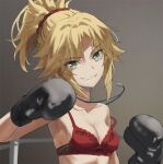  1girl bangs bare_shoulders blonde_hair boxing_gloves bra braid breasts collarbone fate/apocrypha fate_(series) french_braid green_eyes grin hair_ornament hair_scrunchie highres jewelry long_hair looking_at_viewer mordred_(fate) mordred_(fate/apocrypha) necklace parted_bangs ponytail red_bra scrunchie sidelocks small_breasts smile solo tonee underwear 