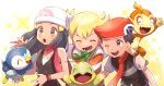  1girl 2boys :o arm_around_shoulder bangs barry_(pokemon) beanie blonde_hair blush chimchar chitozen_(pri_zen) commentary_request dawn_(pokemon) eyelashes green_scarf grey_eyes hat jacket lower_teeth lucas_(pokemon) multiple_boys open_mouth piplup pokemon pokemon_(creature) pokemon_(game) pokemon_dppt scarf shirt short_sleeves sleeveless sleeveless_shirt sparkle striped striped_jacket teeth tongue turtwig white_headwear 