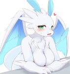 anthro ayatori big_breasts blush breasts dragon featureless_breasts female fur hi_res looking_at_viewer nude pal_(species) palworld quivern simple_background solo white_background white_body wings