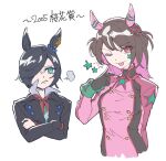  2girls ;p animal_ears black_gloves black_hair black_jacket brown_hair buttons cesario_(racehorse) commentary crossed_arms double-breasted ear_covers gloves green_eyes hair_over_one_eye highres horse_ears horse_tail jacket multicolored_hair multiple_girls obushideian one_eye_closed original personification pink_jacket real_life red_eyes rhein_kraft_(racehorse) short_hair simple_background streaked_hair tail tongue tongue_out translated umamusume upper_body white_background white_hair 