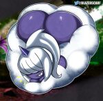 big_butt blazedscarf blurred_background butt cloud dazzi_(pal) female hair hair_over_eyes hi_res huge_butt not_furry nude pal_(species) palworld purple_body smile solo teeth