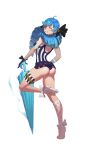  1girl absurdres ahoge ass bare_shoulders black_bow black_gloves blue_hair bow from_behind gloves glowing gwen_(league_of_legends) hair_bow highres league_of_legends long_hair looking_at_viewer looking_back nicassio one-piece_swimsuit one_eye_closed simple_background smile solo striped_clothes striped_one-piece_swimsuit swimsuit twintails umbrella white_background white_footwear 