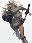  1girl absurdres ankle_socks bag black_bag blonde_hair candy dark-skinned_female dark_skin food ganguro gradient_background grey_background grey_skirt grey_sweater gyaru highres holding holding_candy holding_food holding_lollipop holding_sword holding_weapon katana lipstick lollipop long_hair looking_at_viewer ma0ma0_0 makeup manicure miniskirt mole mole_under_eye nail_polish original pink_lips pleated_skirt shoulder_bag skirt socks solo sweater sword weapon white_nails 