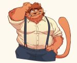 anthro brown_body brown_fur brown_hair claws clothed clothing domestic_cat dress_shirt eyebrow_through_hair eyebrows felid feline felis fingers fur hair male mammal overweight overweight_anthro overweight_male pat_(rabbitpatches) pawpads rabbitpatches shirt smile solo suspenders tail topwear translucent translucent_hair whiskers