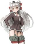  1girl amatsukaze_(kancolle) black_panties brown_dress brown_eyes choker dress garter_straps gloves grey_hair grey_neckerchief hair_tubes hat highres kantai_collection lifebuoy_ornament long_hair looking_at_viewer mini_hat neckerchief one-hour_drawing_challenge panties red_thighhighs redundant-cat sailor_dress short_dress simple_background smokestack_hair_ornament solo striped_clothes striped_thighhighs thighhighs two_side_up underwear white_background white_gloves 