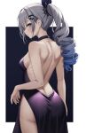  1girl ass backless_dress backless_outfit bare_arms bare_back bare_shoulders breasts commentary cowboy_shot dress drill_hair grey_eyes grey_hair hair_ornament hairclip highres honkai:_star_rail honkai_(series) long_hair looking_at_viewer ponytail purple_dress sidelocks silver_wolf_(honkai:_star_rail) small_breasts solo standing yan_kodiac 