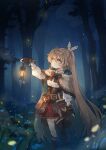  1girl ahoge bangs belt blonde_hair blurry blurry_background bow bowtie brown_eyes brown_gloves brown_legwear buckle cape eyebrows_visible_through_hair feathers fingerless_gloves frills from_side full_body gloves hair_between_eyes hand_up highres holding holding_lantern hololive hololive_english knife lantern long_hair long_sleeves nanashi_mumei parted_lips ponytail sidelocks single_thighhigh solo spi standing thighhighs thighs tree very_long_hair virtual_youtuber wrist_cuffs 