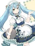  1girl absurdres ankoro blue_hair cowboy_shot dress faruzan_(cafe)_(genshin_impact) faruzan_(genshin_impact) genshin_impact green_eyes grin hair_ornament highres holding holding_tray light_blush long_hair looking_at_viewer maid maid_headdress official_alternate_costume puffy_short_sleeves puffy_sleeves short_sleeves smile solo symbol-shaped_pupils tray twintails x_hair_ornament 