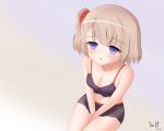  1girl azur_lane bare_arms bare_shoulders between_legs black_shorts blush breasts brown_background brown_hair cleavage collarbone commentary_request dated from_above gradient_background hair_ornament hair_scrunchie hand_between_legs looking_at_viewer medium_breasts navel one_side_up parted_lips purple_background purple_eyes red_scrunchie rock_zinc scrunchie short_shorts shorts signature sitting solo z23_(azur_lane) z23_(keeper_of_the_comf-fort)_(azur_lane) 