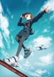  1girl absurdres black_legwear breasts brown_hair cloud commentary_request day drone from_below full_body hat highres long_sleeves match_(type74tk) medium_breasts original outdoors pantyhose pocket ponytail shoes skirt sneakers solo standing 