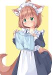  1girl ahoge animal_ear_fluff animal_ears apron black_dress blue_male_underwear blush brown_hair cat_ears cat_girl cat_tail closed_mouth collared_dress commentary_request dress frilled_apron frills green_eyes hair_between_eyes highres holding maid maid_apron maid_headdress male_underwear manabe_mana original solo tail two-tone_background underwear unworn_male_underwear wavy_mouth white_apron white_background yellow_background 
