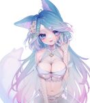  1girl absurdres animal_ears animal_hair_ornament bangs blue_eyes blue_hair breasts character_name cherry_blossoms chest_harness cleavage commentary_request commission fishnets flower frills gradient_hair hair_flower hair_ornament hair_twirling hairclip harness highres large_breasts long_hair midriff multicolored_hair nail_art neko_neko_ne_katta no_panties parted_bangs pearl_(gemstone) pink_hair pink_nails see-through silvervale simple_background skeb_commission skirt tail tongue tongue_out very_long_hair vshojo white_background white_nails wolf_ears wolf_girl wolf_tail 