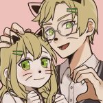  1boy 1girl alfred_(fire_emblem) blonde_hair brother_and_sister celine_(fire_emblem) clenched_hands closed_mouth drawn_ears drawn_nose drawn_whiskers face_filter fire_emblem fire_emblem_engage glasses green_eyes hand_on_another&#039;s_head heart_hands_failure long_hair looking_at_viewer open_mouth round_eyewear short_hair siblings smile uh_ahk upper_body 