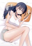  1girl absurdres arm_under_breasts ass bare_arms bare_shoulders bed_sheet blue_hair boku_no_kokoro_no_yabai_yatsu breasts brown_eyes cellphone cleavage collarbone cropped_shirt dark_blue_hair feet_out_of_frame from_above grey_shorts highres holding holding_phone large_breasts long_hair looking_at_phone lying on_back parted_lips phone pillow sacra_(sacrabokuyaba) shirt shorts solo speech_bubble strap_slip thighs translated white_shirt yamada_anna 