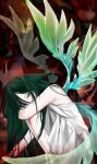  1girl absurdres bare_shoulders blood blood_stain dress green_eyes green_hair green_wings gunenamii hair_flaps highres long_hair looking_at_viewer saya_(saya_no_uta) saya_no_uta solo squatting tendril white_dress wings 