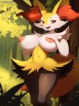 3_fingers absurd_res anthro areola big_breasts braixen breasts detailed_background female fingers forest forest_background fur generation_6_pokemon genitals grey_body grey_fur hi_res looking_at_viewer mammal name_tag nature nature_background nintendo pink_areola plant pokemon pokemon_(species) pose pussy red_eyes smile solo stick tail tree white_body white_fur yakukage yellow_body yellow_fur